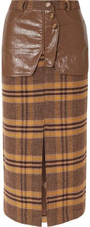 Maggie Checked Wool And Faux Leather Midi Skirt - Brown