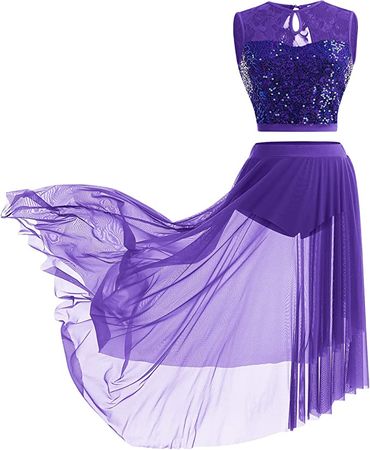 Amazon.com: Lyrical Dance Costume for Women Adult Modern Contemporary Dancewear Dress Sequin Lace Floral Sleeveless Crop Top Asymmetrical Flowy Mesh Tulle Skirt 2pcs Ballet Leotard Outfit Ballroom Purple XL : Clothing, Shoes & Jewelry