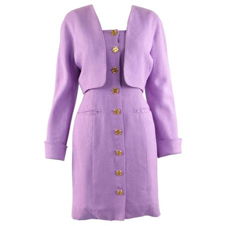 Loewe Vintage Lavender Linen Boned Dress and Raglan Sleeve Bolero Jacket Suit For Sale at 1stdibs