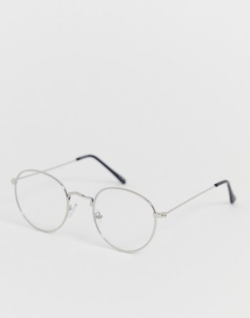 ASOS DESIGN Round Glasses In Silver Metal With Clear Lens | ASOS