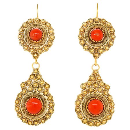 Antique Coral-Set Gold Earrings For Sale at 1stDibs