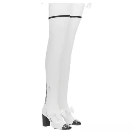 CHANEL 2023 Runway black toe cap white bow CC fishnet thigh high heels EU38.5 For Sale at 1stDibs