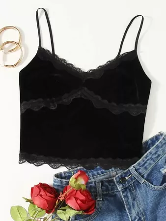 Lace Detail Velvet Cami Top | SHEIN USA black