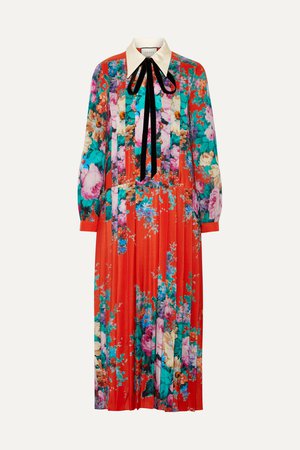 Bright orange Velvet-trimmed pleated printed silk crepe de chine midi dress | Gucci | NET-A-PORTER