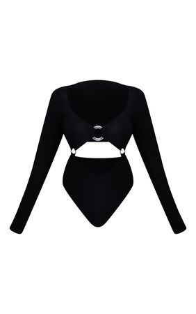 Black Slinky Multi Ring Long Sleeve Bodysuit | PrettyLittleThing USA
