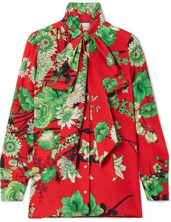 Floral-print Pussy Bow Silk-satin Blouse - Red