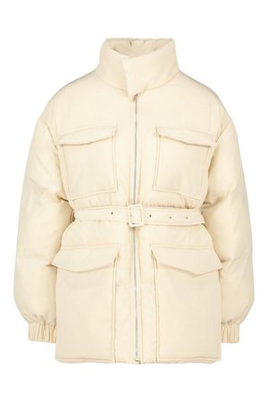 Double Pocket Belted Utility Puffer | Boohoo cream
