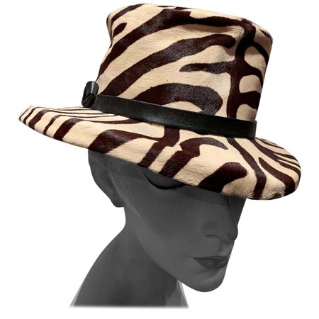 1960s Janet Leitner Mod Zebra Stenciled Calfskin Bucket Hat W/ Structured Crown