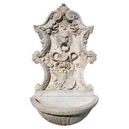 1990s Spanish Hand Carved Travertine Wall Fountain w/ Ornamental Relief