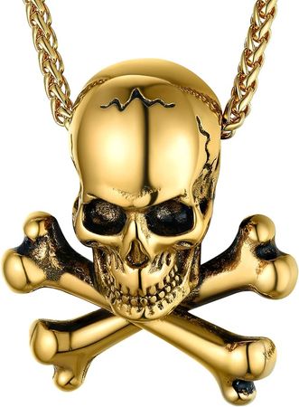 KeyStyle Gold Skull Necklace For Men, 18K Gold Plated Steampunk Crossbones Pirate Hollaween Jewelry, Stainless Steel Hip Hop Ganster Necklaces Gift | Amazon.com