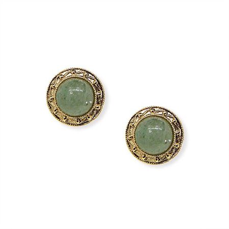 14K Gold-Dipped Round Green Gemstone Aventurine Button Earrings
