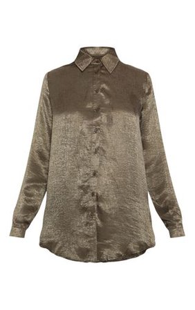 Khaki Oversized Satin Shirt | Tops | PrettyLittleThing