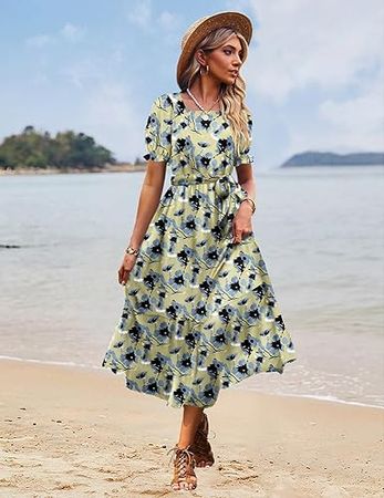 YESNO Women's 2023 Summer Casual Square Neck Floral Dress Ruffle Puff Short Sleeve Belted Maxi Dress with Pockets E16 at Amazon Women’s Clothing store