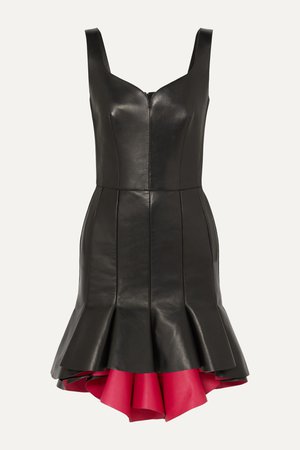 Black Two-tone ruffled leather and silk mini dress | Alexander McQueen | NET-A-PORTER