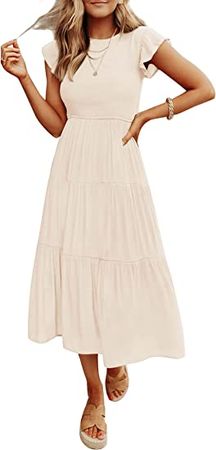 ZESICA Women's Summer Casual Flutter Short Sleeve Crew Neck Smocked Elastic Waist Tiered Midi Dress at Amazon Women’s Clothing store