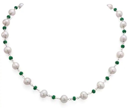 DaVonna Silver White FW Pearl and Green Emerald Necklace (8-8.5 mm)