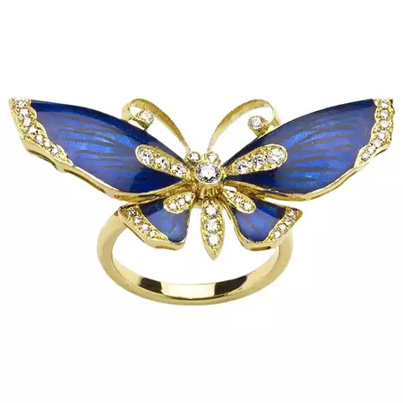 Blue Enamel, Diamond and Gold Butterfly Ring For Sale at 1stDibs