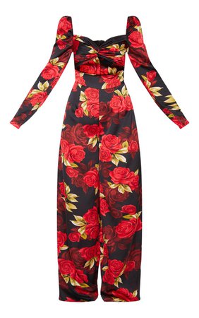 Black Rose Floral Print Twist Front Chiffon Jumpsuit | PrettyLittleThing USA