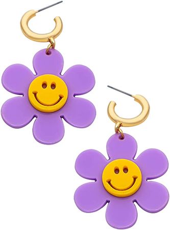Amazon.com: Kathay a Huggie Hoop Dangling Flower Smiley Face Earrings Cute Round Dangle Base Metal Acrylic Drop Set for Women Girls Adorable Jewelry (Purple): Clothing, Shoes & Jewelry