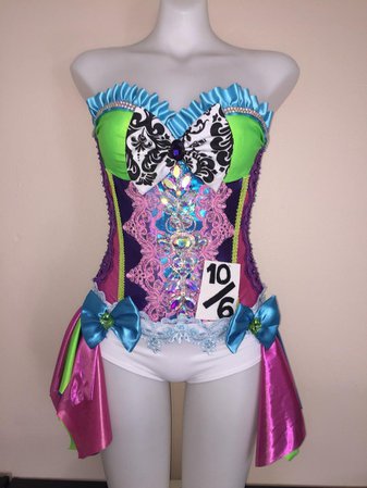 CUSTOM SIZE Mad Hatter corset costume EDC rave bra top | Etsy