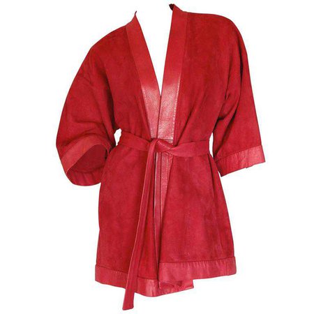 Bonnie Cashin Cherry Red Suede Kimono with Leather Trim and Belt, 1960s at 1stdibs
