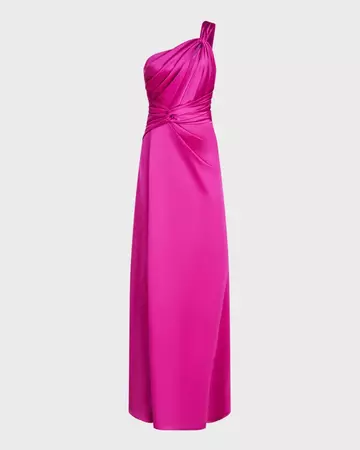 Theia Gloria Pleated Twist-Front One-Shoulder Gown | Neiman Marcus