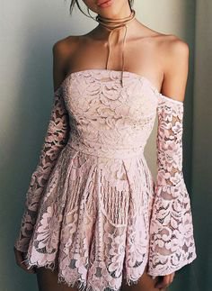 light pink lace off the shoulder short dress
