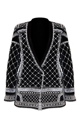 Premium Black Velvet Beaded Oversized Blazer | PrettyLittleThing USA