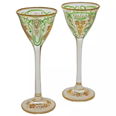 Pair Art Nouveau Liqueur Stems Green Enamel Gilded : Amulet Art and Antiques | Ruby Lane
