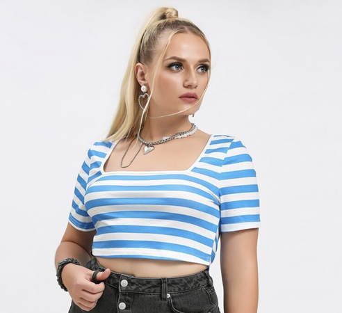 Plus Square Neck Striped Crop Tee— Shein blue and white striped