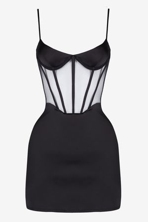 Black mesh corset satin mini dress – HEIRESS BEVERLY HILLS