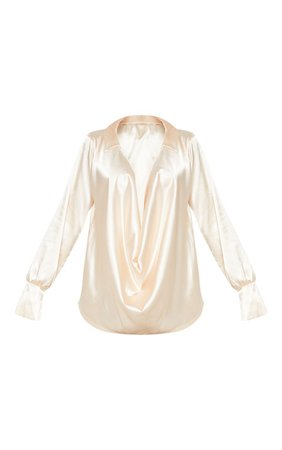 Cream Extreme Cowl Longline Satin Shirt | PrettyLittleThing USA