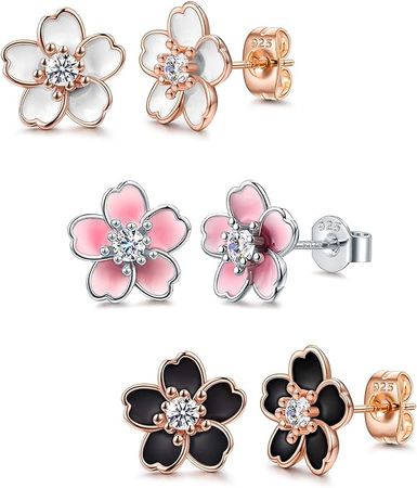 Amazon.com: 925 Sterling Silver Stud Earrings,Cute Flower Ear Studs for Women Girl,White/Black/Rose Gold Plated, Hypoallergenic Jewelry Gift (3pcs): Clothing, Shoes & Jewelry