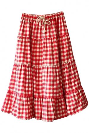 Red Gingham Mori Girl Style A-line Midi Skirt - Beautifulhalo.com