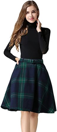 Tanming Women's High Waisted Wool Check Print Plaid Aline Skirt (Medium, Green)