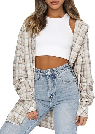 Lacozy Women Long Sleeve Buffalo Plaid Flannel Shirt Basic Button Down High Low Hem Blouse Tops Apricot White S at Amazon Women’s Clothing store