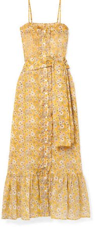 Belted Ruffled Floral-print Cotton-voile Maxi Dress - Saffron