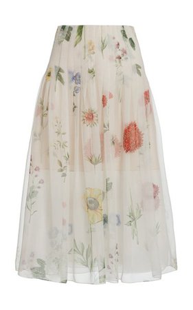 Pleated Floral Silk Chiffon Midi Skirt By Oscar De La Renta | Moda Operandi