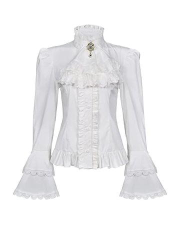 Vibsion White Victorian Blouse for Women Vintage Lace Ruffle Neck Puff Long Sleeve Shirt Tops Edwardian Blouses 3XL at Amazon Women’s Clothing store