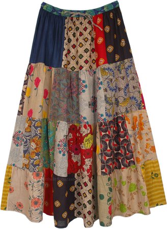 Multi Print Patchwork Cotton Maxi Skirt in Beige Tone | Beige | Patchwork, Maxi-Skirt, Floral, Printed, Bohemian, Handmade
