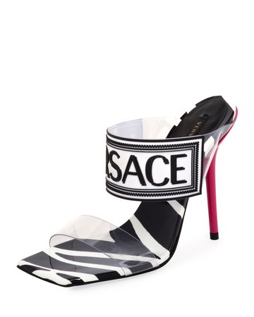 Versace Logo Zebra-Print Slide Sandals | Neiman Marcus