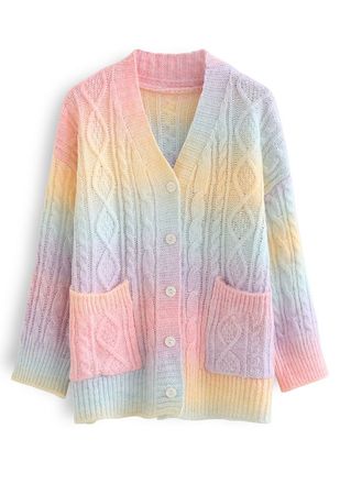 Rainbow Ombre Button Down Cable Knit Cardigan - Retro, Indie and Unique Fashion