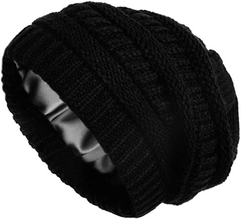 Winter Knit Beanie for Women Satin Lined Cable Thick Chunky Cap Mens Soft Slouchy Warm Hat Black at Amazon Women’s Clothing store