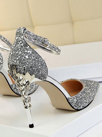 Silver Giltter Diamond Sparkly Point Toe Sequin Stiletto Party Prom Wedding High-Heeled Shoes