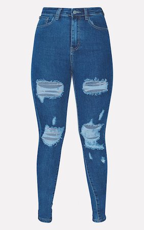 Plt Mid Wash Distressed Skinny Jean | Curve | PrettyLittleThing USA