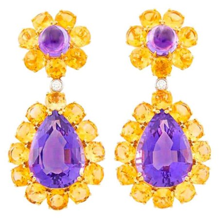 Dangling Amethyst, Citrine and Diamond Show Stopper Large Earrings in 18k For Sale at 1stDibs