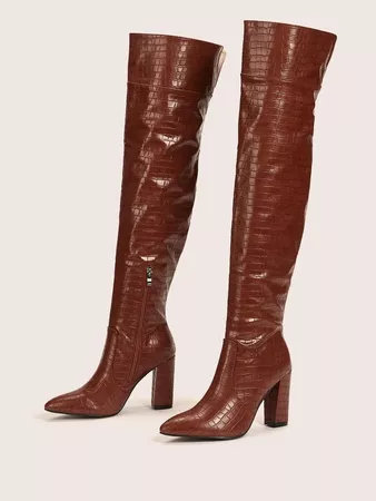 Croc Embossed Over Knee Chunky Heeled Boots | SHEIN USA