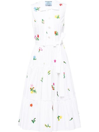 Shop white Prada embroidered floral tea dress with Express Delivery - Farfetch