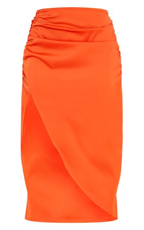 Bright Orange Satin Ruched Split Side Midi Skirt | PrettyLittleThing USA
