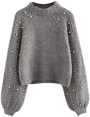 Amazon.com: Women's Elegant Pearl Beaded Knitted Sweater Lantern Sleeve Round Neck Pullovers Tops Gray : Sports & Outdoors